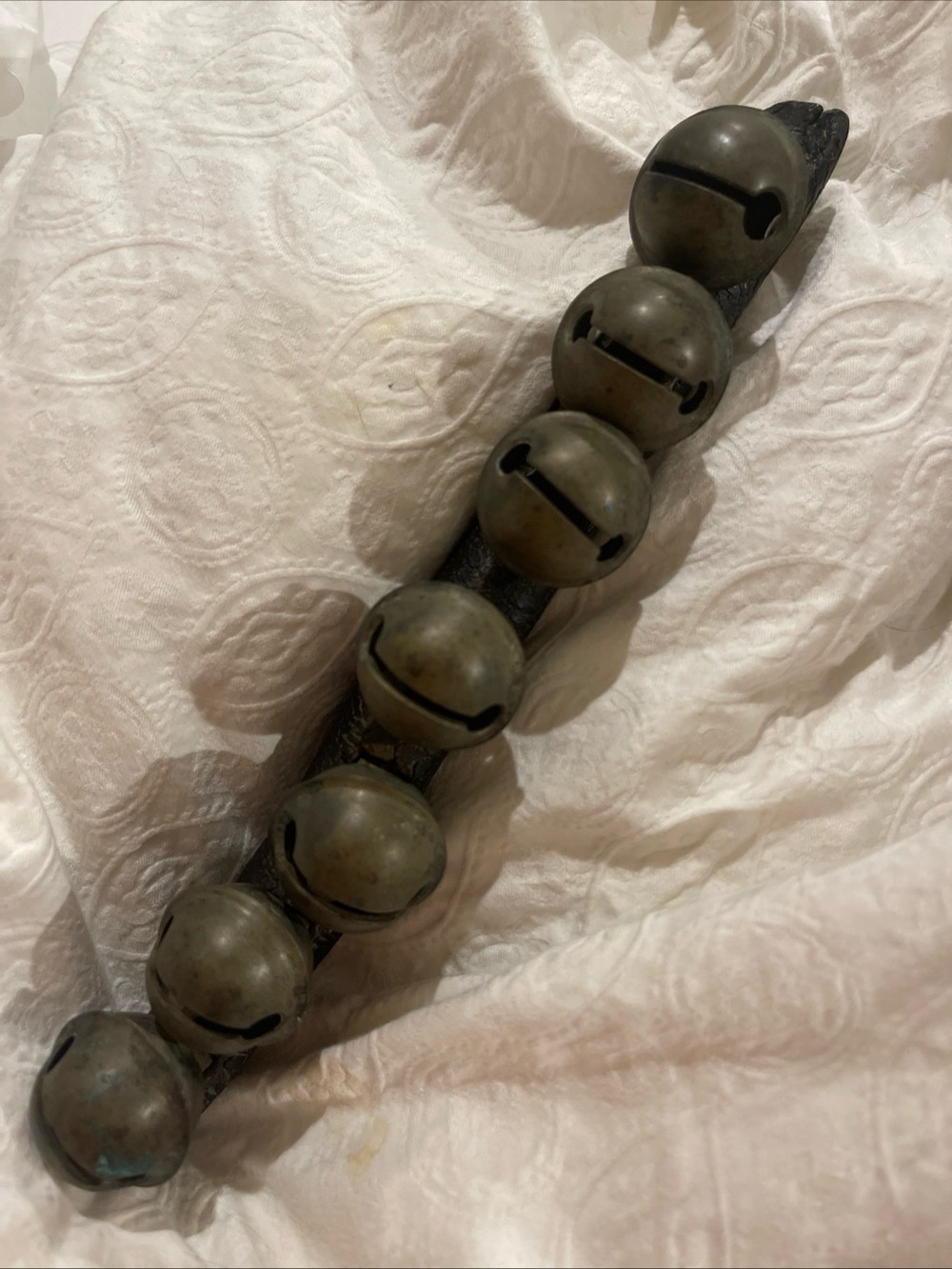 Antique 19th Century Brass Crotal Sleigh Bells on Original Folded Leather Strap